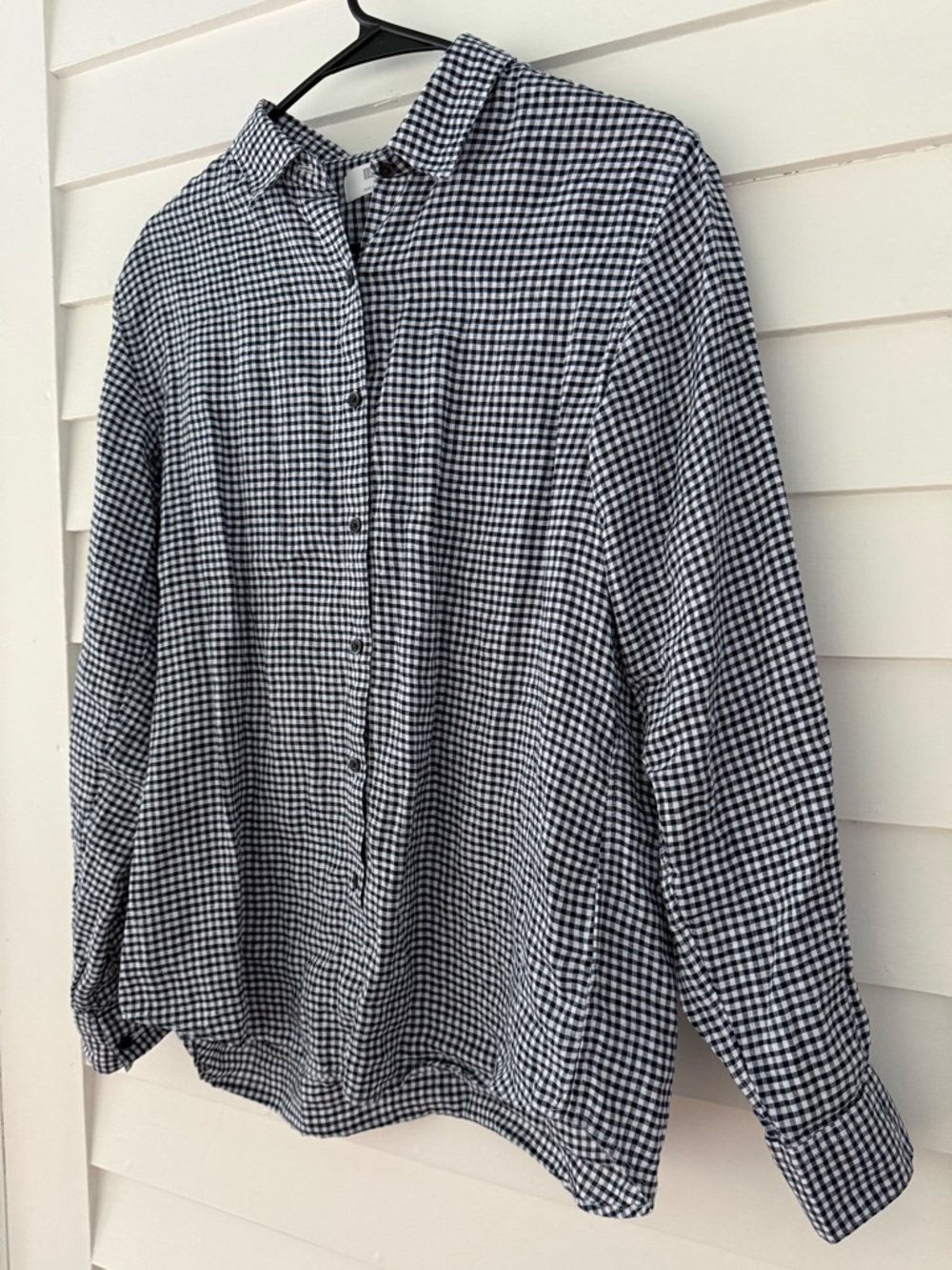 Uniqlo | 100% Linen Navy White Gingham Button Down Shirt Medium - Picture 3 of 8